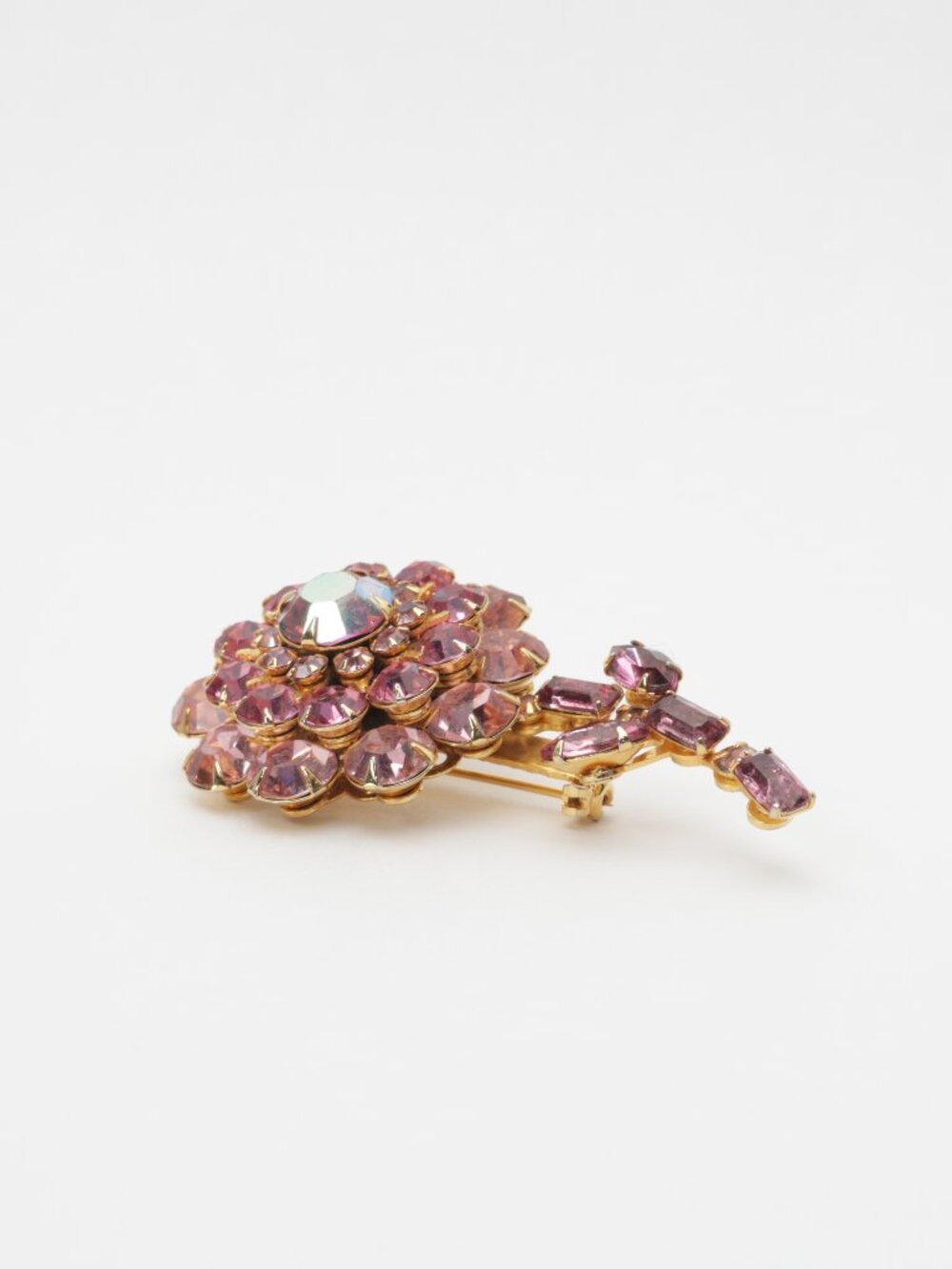 Vintage Signed Judy Lee Pink Domed Shades of Pink Rhinestone Flower Brooch Stem - Picture 2 of 5